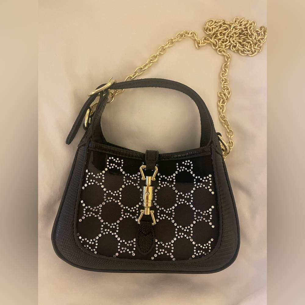 Rhinestone GG mini bag w heavy gold detachable chain strap.